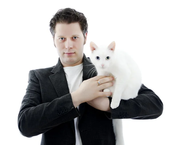 Man with white cat. Isolated on white. — Stock Photo, Image