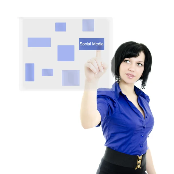 Aantrekkelijke uitvoerende vrouw duwen op een touch-screen interface. geïsoleerd op — Stockfoto