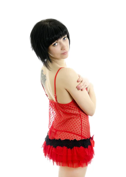 Morena posando en lencería roja. aislado sobre fondo blanco . — Foto de Stock