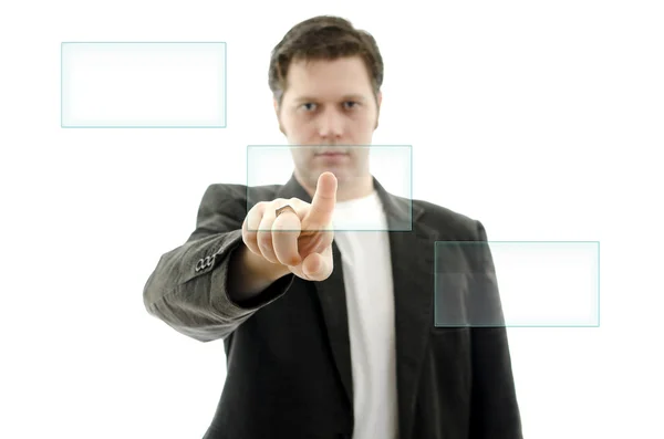 Homem de negócios pressionando um botão vazio em uma interface de tela sensível ao toque. Local para — Fotografia de Stock