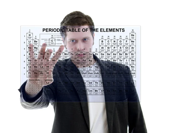 Male with Pereodic Table of Elements on touch screen interface. Isolated on — Stock Photo, Image