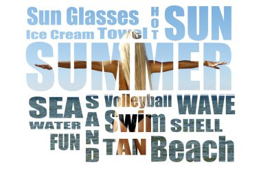 Conceptual collage of Summer words over picture. Isolated on white clipart