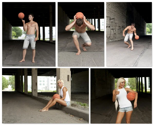 ストリート バスケット ボールのコラージュ。5 枚の写真から成っています。. — ストック写真