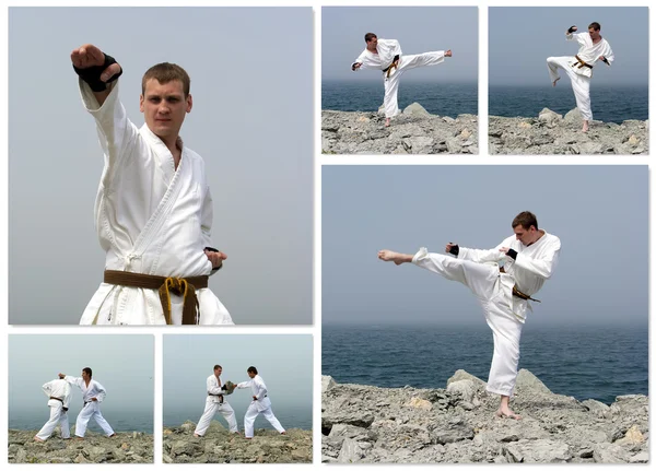 Karate-Kampfcollage. aus sechs Fotos. — Stockfoto