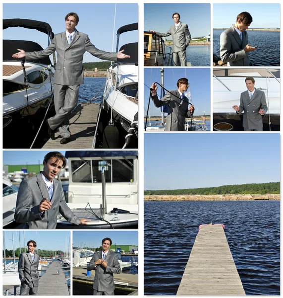Collage concessionnaire de yachts. Composé de neuf photos . — Photo