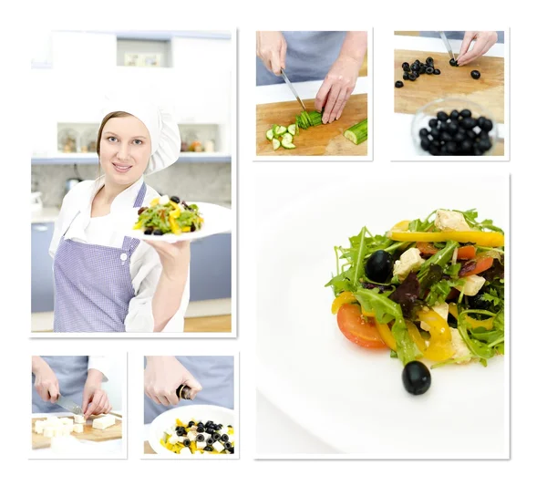 Preparación de un collage griego para ensaladas. Hecho de seis fotos . — Foto de Stock