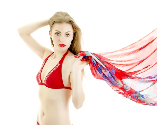 Жінка в червоному купальнику з парео. Ізольовані на білому . — стокове фото