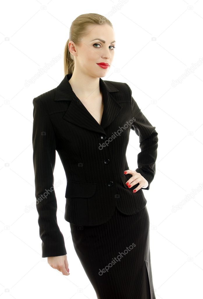 Executive woman in black suit. Isolated on white. Stock Photo by ...