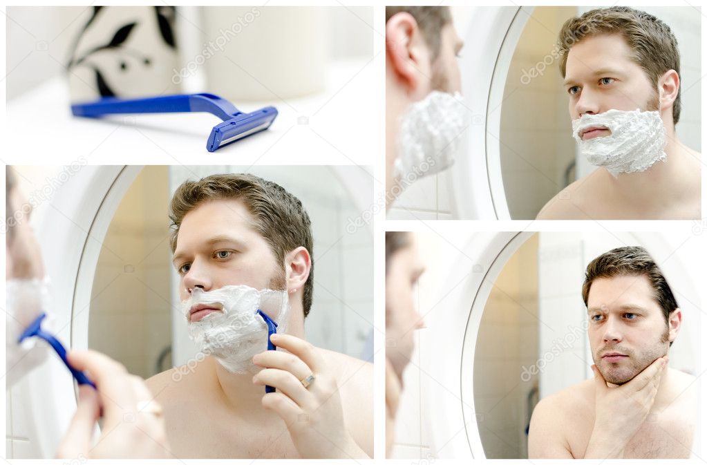 Collage of Man shaving. four photos.
