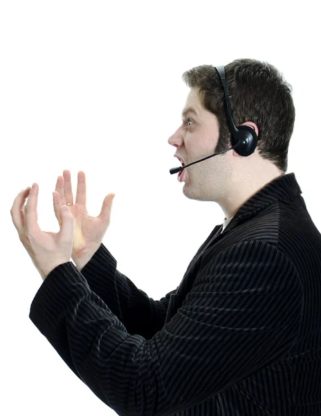 Sportkommentator oder Kundenbetreuung mit Kopfhörern im Schockzustand. isoliert auf weiß. — Stockfoto
