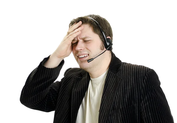 Αθλητισμός σχολιαστής ή πελατών υποστήριξη με ακουστικά σε κατάσταση σοκ. απομονωθεί σε λευκό. — Φωτογραφία Αρχείου