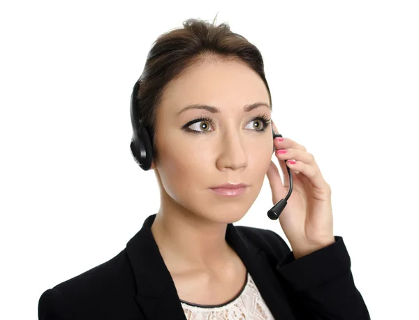 Operadora de suporte ao cliente feminina com fone de ouvido. Isolado em branco . — Fotografia de Stock