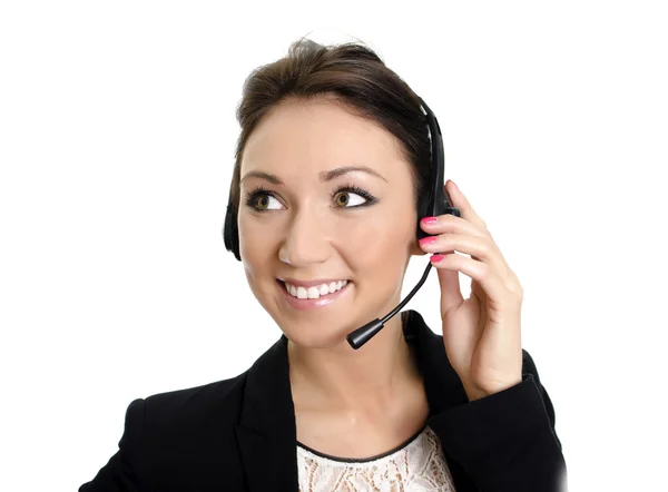 Lachende vrouwelijke klant ondersteuning operator met hoofdtelefoon. geïsoleerd op wit. — Stockfoto