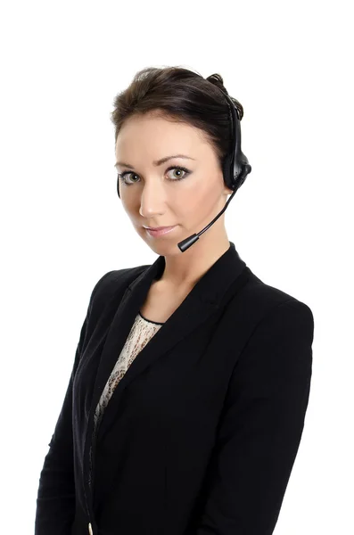 Operadora de atención al cliente femenina con auriculares. Aislado sobre blanco . —  Fotos de Stock