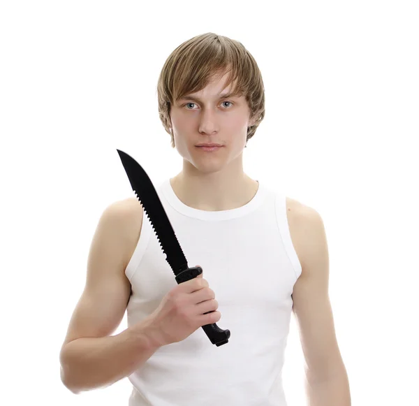 Άνθρωπος με στρατιωτικό μαχαίρι. απομονωθεί σε λευκό. — Φωτογραφία Αρχείου