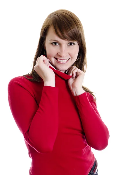 빨간 스웨터에 쾌활 한 매력적인 여자입니다. 흰색 절연. — 스톡 사진