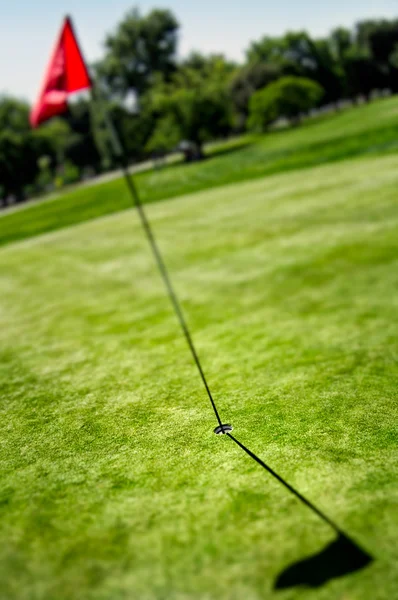 Bandera y hoyo en el campo de golf —  Fotos de Stock