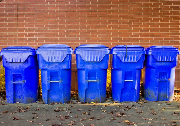 Cinco brillantes contenedores de reciclaje azul Fotos de stock