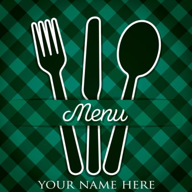 Turquoise and green Cutlery theme checkered paper cut out menu in vector format. clipart