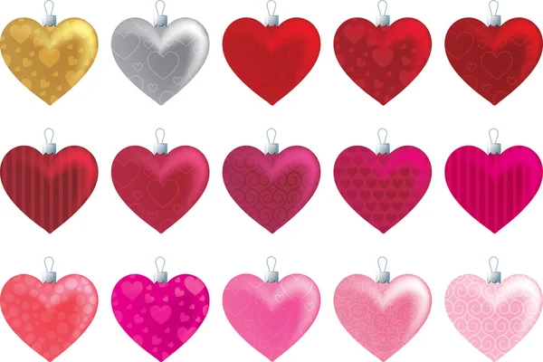Ornements de coeur à motifs dans une variété de rouges et de roses . — Image vectorielle