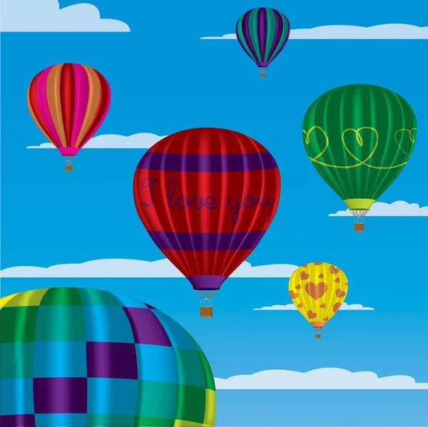 Multi kolorowe balonów na ogrzane powietrze z "Kocham cię" w formacie wektorowym na tle nieba. — Wektor stockowy