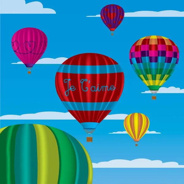 Multi gekleurd hete lucht ballonnen met "je t'aime" in vector-formaat op een hemelachtergrond. — Stockvector