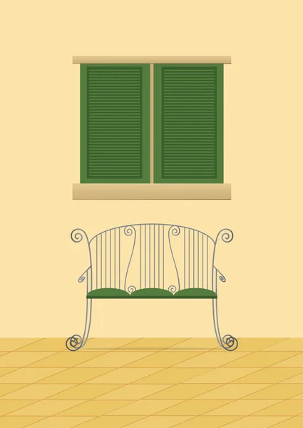 Vector European style bench and window with shutters. — Stock Vector