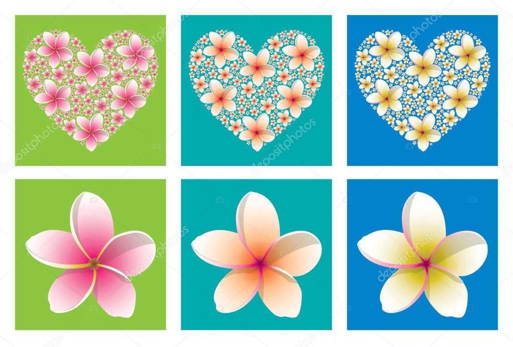 Bright mosaic heart made out of many small frangipani in vector format.