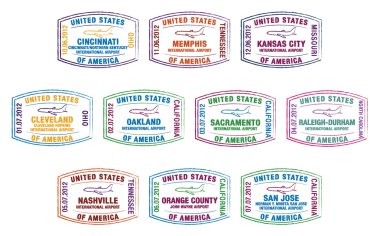 Passport stamps of US airports in vector format. clipart