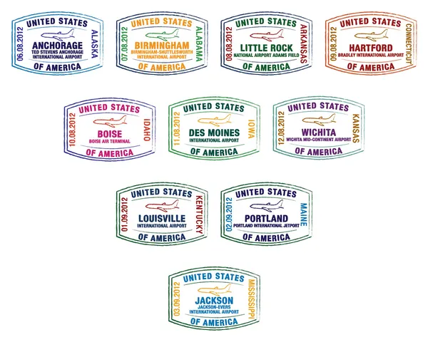 Paspoort postzegels van grote ons luchthavens in vector-formaat. — Stockvector