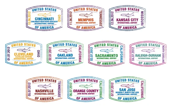 Timbri dei passaporti degli aeroporti statunitensi in formato vettoriale . — Vettoriale Stock