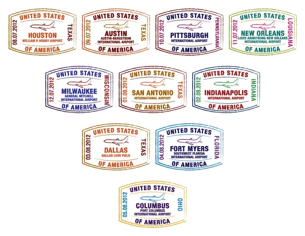 Паспортные марки крупнейших аэропортов США векторного формата . — стоковый вектор