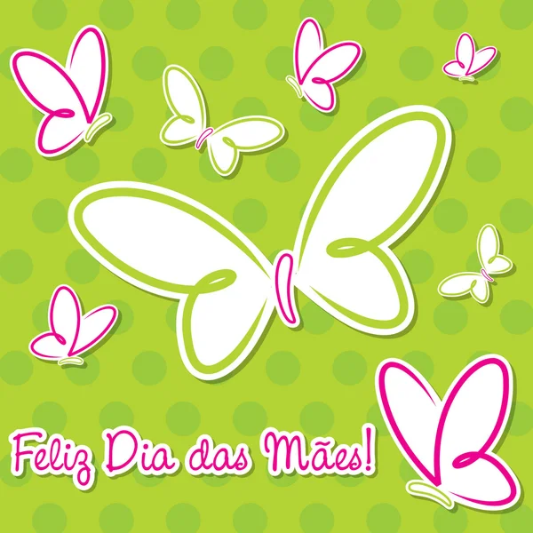 明亮的葡萄牙语蝴蝶"母亲节快乐"贴纸卡在矢量格式. — 图库矢量图片