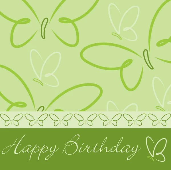 Grüne Hand gezeichnete Happy Birthday Schmetterlingskarte im Vektorformat. — Stockvektor