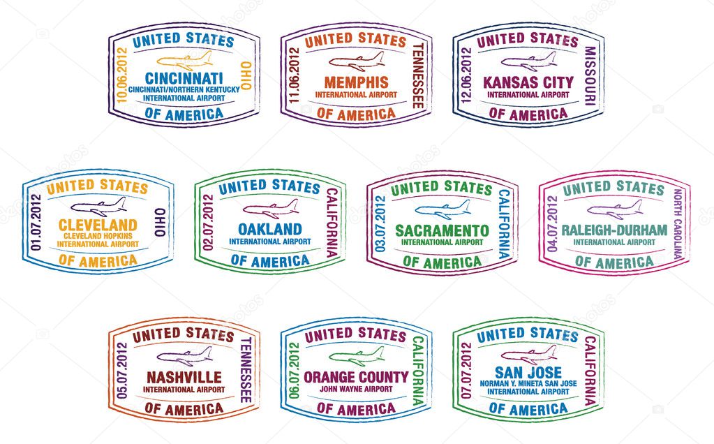 Passport stamps of US airports in vector format.