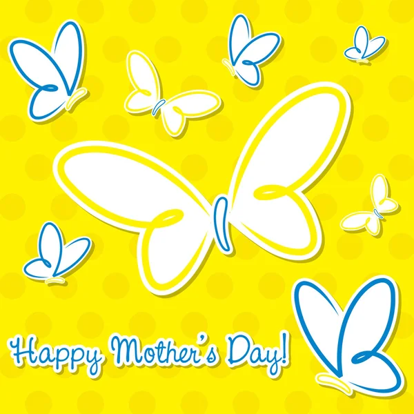 Gele en blauwe vlinder "happy mother's day" sticker kaart in vector-formaat. — Stockvector