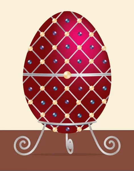 Bir kırmızı, gümüş detaylı, krem ve siyah inci encrusted easter egg bir stand Vektör formatında. — Stok Vektör