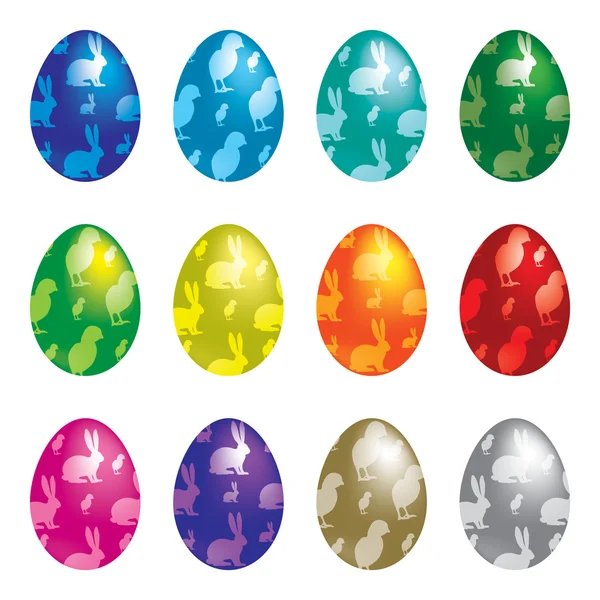 Un set di 12 uova di Pasqua vettoriali di coniglio e pulcino . — Vettoriale Stock