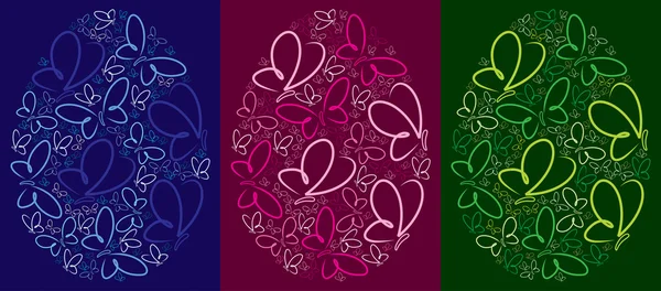 Huevos de Pascua de mariposa azul, rosa y verde sobre fondos oscuros en formato vectorial . — Vector de stock