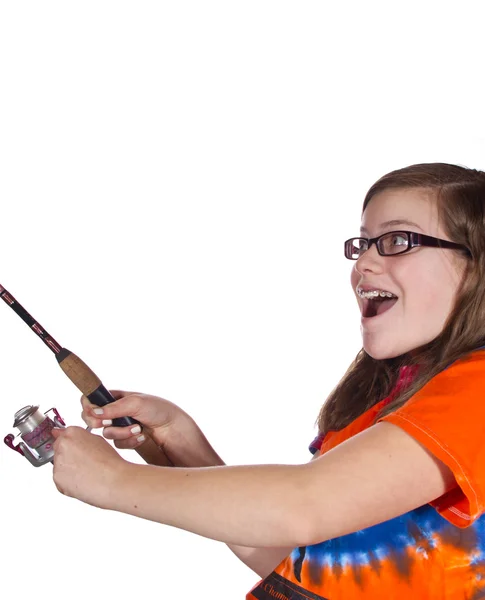 十代の女の子と釣りロッド — ストック写真