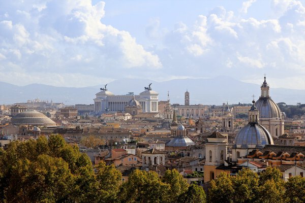 A beautiful view over the city of Rome with a pantheon, the monument vittorio emanuel and many more
