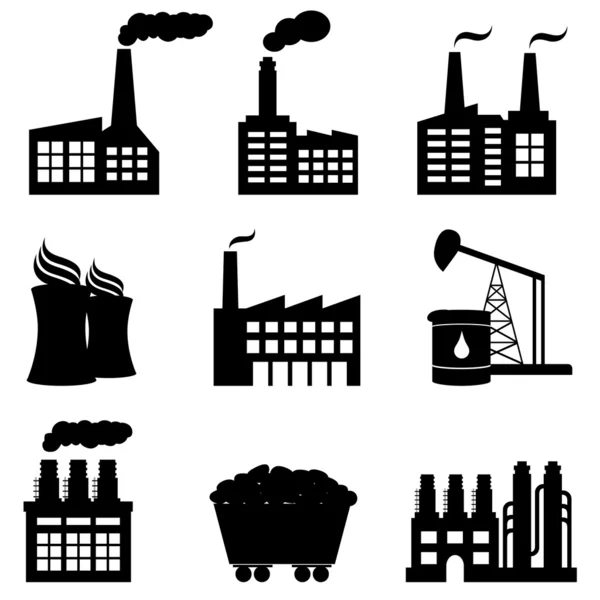 Fabriek, nucleaire elektriciteitscentrales en energie pictogrammen — Stockvector