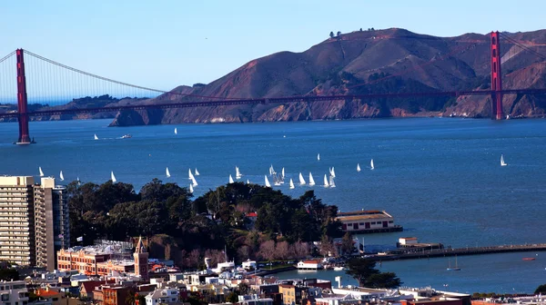 Γέφυρα Golden gate πανί σκάφη Σαν Φρανσίσκο στην Καλιφόρνια — Φωτογραφία Αρχείου