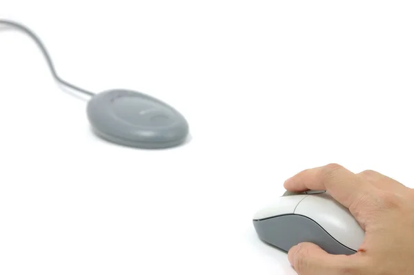 Hand on wireless mouse and receiver — Stock Photo, Image