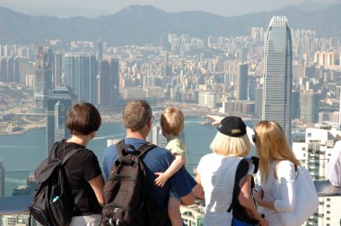 Famly sightseeing the Hong Kong skyline clipart