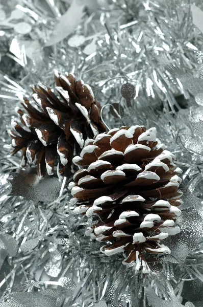 Cones de pinheiro sobre guirlanda siver — Fotografia de Stock