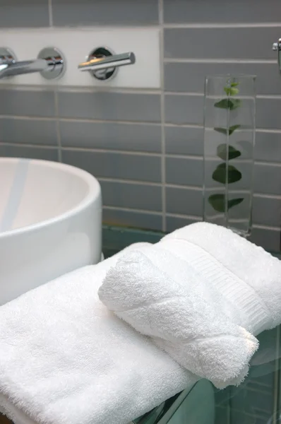 stock image Bath towels in hotel bathroom