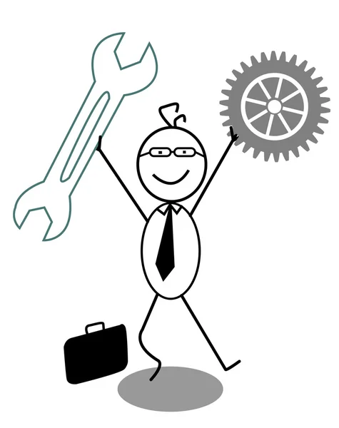 Homme d'affaires heureux avec engrenage et clé — Image vectorielle
