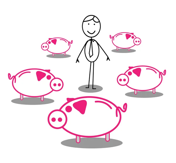 Piggy bank em torno de empresário — Vetor de Stock