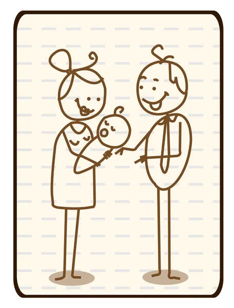 Delineato Doodle Cartoon vettore marito, moglie e bambino — Vettoriale Stock